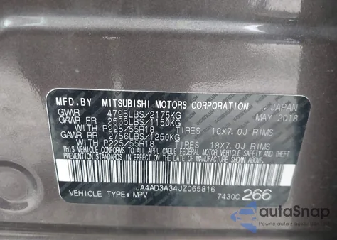 2018 Mitsubishi Outlander Le/Se/Sel z USA, uszkodzony, nr VIN JA4AD3A34JZ065816